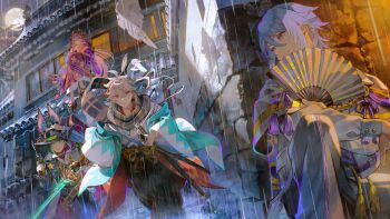 1girl 3boys absurdres ahoge alternate_costume animal_ear_fluff animal_ear_piercing animal_ears architecture arm_up belt black_hair black_hakama black_hat black_jacket black_pants black_shirt blue_hair blue_haori borrowed_clothes brown_vest building capelet chinese_hairpin closed_mouth crossed_bangs dutch_angle east_asian_architecture finger_on_trigger folding_fan fox_boy fox_ears fox_girl full_moon genshin_impact green_eyes green_hair grey_pants grey_scarf gun hachimaki hair_between_eyes hair_ornament hair_stick hakama hakama_pants hand_fan hand_on_headwear hand_up handgun haori hat headband highres holding holding_fan holding_gun holding_sheath holding_sword holding_weapon holster hoyofair jacket japanese_clothes kaedehara_kazuha kamisato_ayato katana kimono knee_up koma-geta kyuuba_melo layered_clothes long_hair long_scarf long_sleeves looking_at_another looking_at_viewer mole mole_under_mouth moon multicolored_hair multiple_boys night no_socks on_roof outdoors outstretched_arm pants paper parted_lips pink_hair pink_kimono purple_eyes purple_scarf rain red_eyes red_hair running scarf sheath sheriff_badge shinsengumi shirt short_hair sitting smile streaked_hair striped_clothes striped_scarf sword tassel thigh_holster tighnari_(genshin_impact) unsheathed vest wanted_poster weapon white_capelet white_hair white_headband white_kimono white_shirt wide_sleeves yae_miko