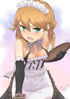1girl alice_gear_aegis alternate_costume apron bare_shoulders black_gloves blonde_hair blush bow breasts commentary_request elbow_gloves enmaided errant female_focus gloves green_eyes hair_between_eyes hair_over_shoulder highres holding holding_tray kotomura_akane maid maid_apron maid_headdress open_mouth small_breasts solo tray waist_apron