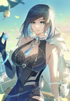 1girl bare_shoulders black_gloves black_hair blue_dress blue_hair bracelet breasts dawn diagonal_bangs dice dress earrings elbow_gloves fur-trimmed_jacket fur_trim genshin_impact gloves green_eyes grin halterneck highres holding holding_dice jacket jacket_on_shoulders jewelry lantern large_breasts looking_at_viewer milk_(ohota_ye1) mole mole_on_breast multicolored_hair outdoors railing short_hair smile tassel white_jacket yelan_(genshin_impact)