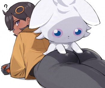 1girl ? ass ass_focus ayatak0517 black_bodysuit black_hair bodysuit brown_jacket closed_mouth dark-skinned_female dark_skin emma_(pokemon) espurr gen_6_pokemon hands_on_another&#039;s_ass highres jacket looking_at_viewer looking_back lying nintendo on_stomach pokemon pokemon_(creature) pokemon_legends:_z-a purple_eyes short_hair simple_background white_background