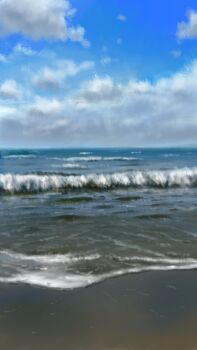 absurdres beach blue_sky cloud cloudy_sky commentary_request day highres horizon melonpan_(mygw4732) no_humans ocean original outdoors scenery sky waves