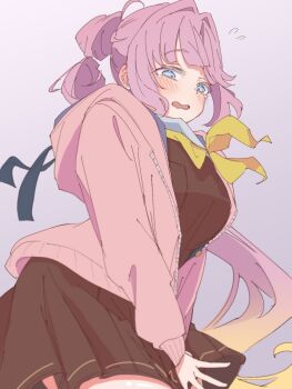 Rule 34 | 1girl, ahoge, anyoji hime, black ribbon, blonde hair, blue eyes, blush, breasts, brown dress, clip studio paint (medium), commentary, cowboy shot, dress, dress tug, floating neckwear, flying sweatdrops, gradient hair, grey background, hair intakes, hair ribbon, hasu no sora school uniform, highres, hood, hooded jacket, jacket, large breasts, link! like! love live!, long hair, long sleeves, love live!, making-of available, multi-tied hair, multicolored hair, neckerchief, open clothes, open jacket, open mouth, paruko0126, pink hair, pink jacket, pleated dress, ponytail, ribbon, sailor collar, sailor dress, school uniform, short dress, sidelocks, simple background, solo, tearing up, very long hair, virtual youtuber, white sailor collar, winter uniform, yellow neckerchief