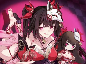 1girl barefoot breasts brown_hair chest_tattoo cleavage closed_mouth collarbone detached_sleeves fox_mask highres holding holding_stuffed_toy honkai:_star_rail honkai_(series) japanese_clothes kimono light_blush long_hair long_sleeves looking_at_viewer lying mask mask_on_head medium_breasts mole mole_under_eye on_stomach pink_eyes red_kimono saint_laurent_paris smile solo sparkle_(honkai:_star_rail) stuffed_animal stuffed_toy tattoo the_pose twintails very_long_hair