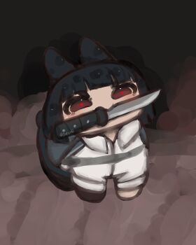 1girl absurdres animalization artist_name black_coat black_gloves black_hair black_pants coat collared_shirt commentary gloves highres knife knife_in_mouth limbus_company pants project_moon r_breadd rabbit red_eyes ryoshu_(project_moon) shirt single_glove solo symbol-only_commentary white_shirt