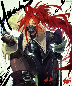 Rule 34 | 1girl, absurdres, artist name, belt, black bodysuit, black footwear, black gloves, black jacket, black pantyhose, bodysuit, breasts, chain, chain hairband, commentary, cropped jacket, delinquent, emblem, english commentary, feet out of frame, foreshortening, gloves, high ponytail, highres, zaki (justice gakuen), holding, holding chain, jacket, justice gakuen, knee up, large breasts, leaning forward, lock, long hair, long sleeves, looking at viewer, mask, moero! justice gakuen, mouth mask, open clothes, open jacket, pantyhose, ponytail, purple eyes, red hair, school uniform, serafuku, shpr0ta, solo, sparkle, squinting, turtleneck, turtleneck bodysuit, unzipped, white background, white serafuku, zipper, zipper pull tab