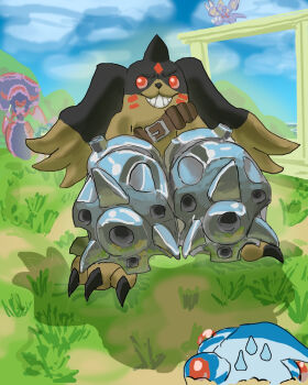 belt blackgalgomon closed_eyes digimon digimon_(creature) dragon fuchaxs gatling_gun lamia lamiamon looking_at_another monodramon monster_girl ranamon wings