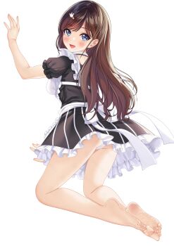 1girl barefoot blue_eyes blush brown_hair feet highres long_hair looking_at_viewer looking_back open_mouth panties pantyshot soles toes transparent_background underwear youlancangkong