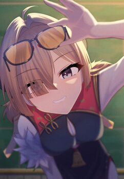 1girl absurdres bare_shoulders black_dress blonde_hair china_dress chinese_clothes dress grey_eyes hair_over_one_eye highres long_hair looking_at_viewer one_eye_covered red_dress sweety_(zenless_zone_zero) thighs twintails two-tone_dress user_cpjn3822 zenless_zone_zero