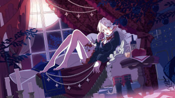 1girl apple apple_tree bandaged_leg bandages barefoot bed bendy_straw blood blood_on_clothes boots braid candle canopy_bed commission dress drink drinking_straw eating food fruit fruit_tree full_moon hair_between_eyes holding holding_food holding_fruit indoors juliet_sleeves legs long_hair long_sleeves low-braided_long_hair low-tied_long_hair moon moonlight night on_bed open_mouth original pointy_ears puffy_sleeves reclining red_eyes red_nails skeb_commission solo string_of_pearls table tree umesaka_huru unworn_boots vampire very_long_hair white_hair window