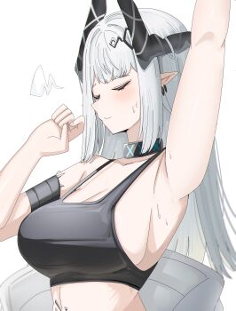 1girl absurdres aqua_collar arknights arm_up armpit_focus armpits bare_shoulders black_collar black_horns black_tank_top blush breasts cleavage closed_eyes closed_mouth collar commentary ear_piercing english_commentary hand_up highres horns huge_breasts infection_monitor_(arknights) long_hair material_growth mudrock_(arknights) multicolored_collar open_jumpsuit oripathy_lesion_(arknights) piercing pointy_ears presenting_armpit simple_background sleeveless small_sweatdrop solo spam_(spamham4506) sweat tank_top two-tone_collar upper_body white_background white_hair