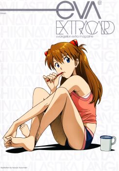 Rule 34 | 00s, 1girl, absurdres, ass, barefoot, blue eyes, bra, breasts, brown hair, brushing teeth, crossed legs, cup, feet, female focus, full body, hair ornament, highres, indian style, lingerie, long hair, looking away, neon genesis evangelion, official art, rebuild of evangelion, ribbon, shadow, shorts, simple background, sitting, solo, souryuu asuka langley, tank top, toes, toothbrush, tsurumaki kazuya, twintails, underwear, white background