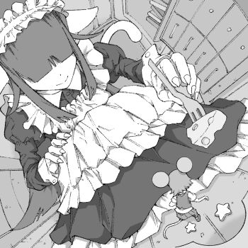 2girls animal_ears apron cat_ears cat_girl cat_tail cheese chest_of_drawers claws dot_nose dress floor food fork frilled_hairband frills greyscale hair_flaps hair_over_eyes hairband highres indoors juliet_sleeves long_sleeves maid maid_apron mini_person minigirl monochrome mouse_ears mouse_girl mouse_tail multiple_girls nemaki_haru original perspective pleated_skirt puffy_sleeves size_difference skirt smile star_(symbol) tail