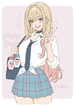 1girl absurdres aegyo_sal artist_name bag bag_charm black_bag black_choker black_necktie blonde_hair blue_skirt blush character_name charm_(object) choker collarbone collared_shirt cowboy_shot cropped_legs gojou_wakana gradient_hair grin hand_up highres kitagawa_marin long_hair miniskirt multicolored_hair necktie outside_border pink_background pink_eyes pink_hair pink_lips pink_nails plaid_clothes plaid_skirt pleated_skirt school_uniform shirt shoulder_bag simple_background skirt smile solo sono_bisque_doll_wa_koi_wo_suru standing straight_hair swept_bangs teeth tied_shirt very_long_hair white_shirt yiiande