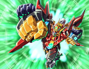 amakawa_mayu clenched_hand clenched_hands dynazenon_(character) green_background gridman_universe mecha mechanical_wings no_humans punching reaching reaching_towards_viewer robot ssss.dynazenon super_robot wings