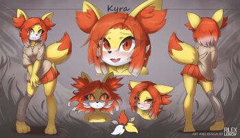 1girl animal_ear_fluff animal_ears animal_feet animal_nose artist_name barefoot blush body_fur breasts character_name closed_mouth clothing_cutout collarbone colored_tips ears_down english_text eye_trail facing_away fang feet female_focus fennekin floating_hair fox_ears fox_girl fox_tail from_behind full_body furry furry_female gen_6_pokemon gradient_hair grey_background grey_shirt half-closed_eyes happy heel_up hip_vent jewelry kneepits legs light_trail looking_afar miniskirt multicolored_hair multiple_views necklace nintendo open_mouth own_hands_together personification pleated_skirt pokemon pokemon_(creature) raised_eyebrows red_eyes red_hair red_skirt rilex_lenov shirt short_hair short_sleeves sidelocks single_leg_warmer skin_fang skirt small_breasts smile standing sweat tail tail_through_clothes two-tone_fur two-tone_hair underlighting v_arms watermark white_fur white_hair yellow_fur