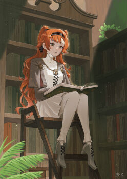 Rule 34 | 1girl, artist name, bei 18, book, book on lap, bookshelf, chair, checkered hairband, dress, full body, green eyes, grey cloak, grey footwear, grey sleeves, hairband, high collar, highres, indoors, library, long hair, looking down, on chair, open book, orange hair, pants, pants under dress, parted lips, plant, potted plant, reading, reverse:1999, short dress, signature, sitting, solo, sonetto (reverse:1999), sunlight, two side up, very long hair, white dress, white pants