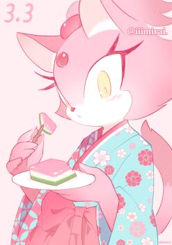 1girl alternate_costume animal_ears artist_name bad_id bad_pixiv_id blaze_the_cat blush bright_pupils cat_ears cat_girl cat_tail closed_mouth dated floral_print forehead_jewel furry furry_female hakama high_ponytail hinamatsuri hishimochi holding holding_plate holding_skewer iiimirai japanese_clothes kimono looking_at_viewer pink_background pink_fur pink_hakama pink_kimono pink_theme plate ponytail print_kimono shippou_(pattern) simple_background skewer solo sonic_(series) tail twitter_username upper_body white_pupils yellow_eyes