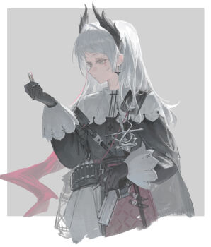 1girl anhao1224 arknights black_cape black_gloves black_jacket cape commentary_request earrings gloves grey_eyes grey_hair gun handgun head_wings highres irene_(arknights) jacket jewelry lantern long_hair long_sleeves multicolored_skirt pantyhose profile scar scar_across_eye scar_on_face sheath sheathed shirt shoes short_bangs short_messy_bangs simple_background skirt solo standing weapon wings