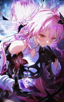 2girls back-to-back black_dress black_gloves breasts dress dual_persona evernight_(honkai:_star_rail) flower gloves hair_flower hair_ornament hand_up highres honkai:_star_rail honkai_(series) long_hair looking_at_viewer march_7th_(honkai:_star_rail) medium_breasts multiple_girls object_floating_above_hand parted_lips pink_hair pkokonatu red_eyes shirt solo_focus upper_body white_shirt