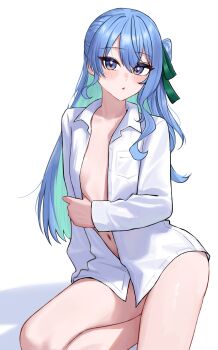 1girl absurdres asymmetrical_sidelocks blue_eyes blue_hair chrispy_tuna collared_shirt colored_inner_hair commentary double-parted_bangs dress_shirt english_commentary flat_chest hair_between_eyes hair_ribbon highres hololive hoshimachi_suisei looking_at_viewer multicolored_hair naked_shirt navel one_side_up partially_unbuttoned ribbon shirt sidelocks simple_background solo star_(symbol) star_in_eye symbol_in_eye virtual_youtuber white_background white_shirt