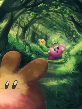 absurdres chip_(kirby) copy_ability day forest grass highres kirby kirby_(series) leaf_kirby looking_at_another nature nintendo no_humans open_mouth outdoors polof scenery suyasuyabi tree