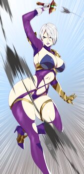 1girl absurdres aqua_eyes arm_up ass attack breasts clenched_teeth clothing_cutout curvy elbow_gloves gloves highleg highleg_leotard highres holding holding_sword holding_weapon huge_ass isabella_valentine jumping large_breasts leotard looking_at_viewer motion_lines navel_cutout purple_leotard r3dfive revealing_clothes shiny_skin short_hair solo soul_calibur sword teeth thong_leotard underboob weapon whip whip_sword wide_hips zoom_layer