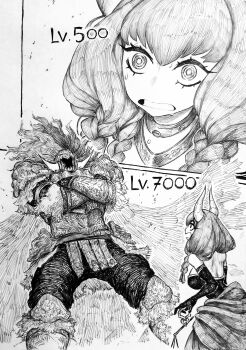 1boy 1girl absurdres armor aura_(sousou_no_frieren) aura_bullying_(meme) braid cape chronozbergh commentary crossed_arms elden_ring english_commentary eyelashes fake_horns fur_collar graphite_(medium) greyscale helmet highres horned_helmet horns level_difference meme monochrome ringed_eyes scales sousou_no_frieren starscourge_radahn traditional_media twin_braids