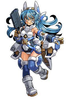Rule 34 | armor, blue hair, breasts, gun, handgun, headset, large breasts, long hair, mecha musume, non-web source, shinrabanshou, weapon