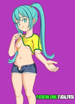 bad_source brazilian_miku breasts clothes_lift fatal_futa hatsune_miku highres long_hair looking_at_viewer nipples no_bra no_panties shirt shirt_lift short_shorts shorts simple_background small_breasts smile twintails undressing