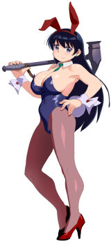 1girl alternate_costume animal_ears arato_nagi black_eyes black_hair blue_leotard breasts commentary_request fake_animal_ears full_body hammer hand_on_own_hip high_heels highres large_breasts leotard long_hair looking_at_viewer nadeara_bukichi necktie pantyhose playboy_bunny rabbit_ears ruri_no_houseki smile standing wrist_cuffs
