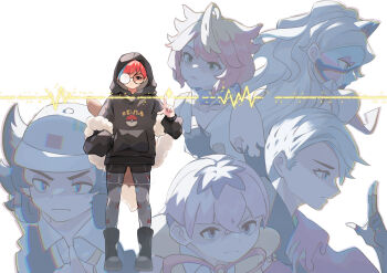 Rule 34 | 3boys, 3girls, absurdres, ahoge, atticus (pokemon), blue hair, boots, closed mouth, commentary request, dafenpipixia, eevee backpack, eri (pokemon), facepaint, fingerless gloves, giacomo (pokemon), glasses, gloves, grey boots, grey hoodie, hat, headphones, headphones around neck, highres, hood, hood up, hoodie, index finger raised, long hair, long sleeves, mela (pokemon), multicolored hair, multiple boys, multiple girls, nintendo, no mask, ortega (pokemon), pantyhose, penny (pokemon), poke ball print, pokemon, pokemon sv, print pantyhose, red hair, round eyewear, see-through clothes, see-through skirt, simple background, skirt, standing, team star, two-tone hair, v-shaped eyebrows, white background