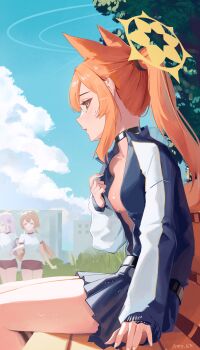 3girls absurdres animal_ear_fluff animal_ears azusa_(blue_archive) belt bench black_choker blue_archive blue_eyes blue_jacket blue_skirt blue_sky blush breasts building cat_ears cat_girl choker cloud collarbone day from_side grass gym_uniform hair_between_eyes hair_ornament halo hand_up heart hifumi_(blue_archive) high_ponytail highres jacket long_hair long_sleeves looking_to_the_side mari_(blue_archive) mari_(track)_(blue_archive) miniskirt multicolored_jacket multiple_girls no_bra official_alternate_costume official_alternate_hairstyle on_bench open_clothes open_jacket orange_hair outdoors parted_lips pleated_skirt ponytail profile pulling pulling_own_clothes raglan_sleeves running_track sidelocks skirt sky sleeves_past_wrists small_breasts straight_hair sweat track_jacket tree twitter_username yellow_halo zennyxd