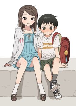 1boy 1girl arashiyama_takeru backpack bag black_hair black_shoes blue_dress blush brown_eyes brown_hair brown_shoes closed_mouth collarbone commentary_request dress full_body green_shorts grey_socks hair_ornament hairclip highres hood hood_down hooded_jacket isezaki_eri jacket korean_commentary long_sleeves medium_hair open_clothes open_jacket randoseru red_bag shirt shiryoku_kensa shoes short_sleeves shorts sitting smile socks soredemo_machi_wa_mawatteiru sweatdrop white_jacket white_shirt white_socks