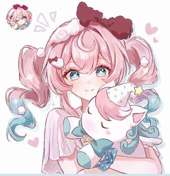 Rule 34 | 1girl, animal, animal hug, blue eyes, blue hair, chibi, closed mouth, funafu, gradient hair, hair between eyes, hair intakes, hair ornament, heart, honkai: star rail, honkai (series), hyacine (honkai: star rail), hyacine (sweet slumber) (honkai: star rail), little ica (honkai: star rail), looking at viewer, multicolored hair, notice lines, official alternate costume, pink hair, short sleeves, simple background, smile, solo, symbol in eye, twintails, upper body, white background