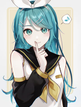 1girl alternate_costume aqua_eyes aqua_hair black_sailor_collar bow bts_0809 closed_mouth cosplay detached_sleeves hair_between_eyes hair_bow hair_ornament hairclip hatsune_miku highres index_finger_raised kagamine_rin kagamine_rin_(cosplay) light_blush long_sleeves looking_at_viewer musical_note neckerchief parallel_hairclips sailor_collar shirt sleeveless sleeveless_shirt smile solo spoken_musical_note upper_body vocaloid white_shirt yellow_neckerchief