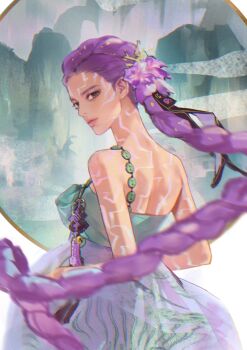 1girl absurdres body_markings braid braided_ponytail circle closed_mouth eyeshadow floating_hair flower go_ong_ss hair_flower hair_ornament hanbok hashtag-only_commentary highres korean_clothes kpop_demon_hunters looking_back makeup purple_hair rumi_(kpop_demon_hunters) solo