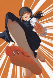 Rule 34 | 1girl, :d, barefoot, black hair, chainsaw man, chinese commentary, long hair, looking at viewer, open mouth, orange eyes, ponytail, scar, scar on face, school uniform, smile, solo, teeth, yao liao wang, yoru (chainsaw man)