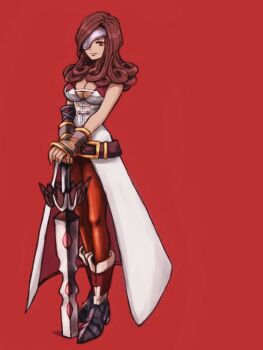 1girl beatrix belt belt_buckle boots breasts brown_eyes brown_hair brown_pantyhose buckle cleavage closed_mouth curly_hair eyepatch female_focus final_fantasy final_fantasy_ix full_body ichi_(pixiv6373491) large_breasts legs_together long_hair pantyhose planted planted_sword planted_weapon red_background simple_background smile solo standing sword weapon
