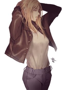 Rule 34 | 1girl, absurdres, aya brea, blonde hair, commentary, denim, english commentary, ericson blum, highres, jacket, jeans, leather, leather jacket, long hair, open mouth, pants, parasite eve (series), parasite eve i, simple background, solo, white background