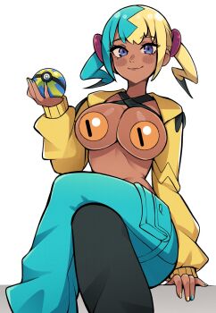 1girl alternate_breast_size_(larger) aqua_hair black_pants blonde_hair blue_eyes blue_pants breasts canari_(pokemon) censored choppy_bangs closed_mouth commentary cowboy_shot criss-cross_halter criss-cross_straps crossed_legs dark-skinned_female dark_skin english_commentary fingernails halterneck highres holding holding_poke_ball large_breasts long_sleeves looking_at_viewer multicolored_hair multicolored_nails nail_polish nintendo novelty_censor oninuer paid_reward_available pants patreon_logo poke_ball pokemon pokemon_legends:_z-a quick_ball short_hair short_twintails shrug_(clothing) sidelocks simple_background sitting smile solo split-color_hair twintails two-tone_hair white_background yellow_shrug