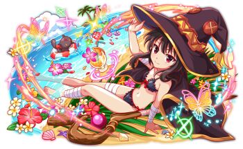 1other 2girls adjusting_clothes adjusting_headwear alternate_costume anime_coloring aqua_flower arm_support arm_wrap artist_request asymmetrical_legwear bandaged_arm bandaged_leg bandages bare_arms bare_legs bare_shoulders barefoot bat_wings beach bikini black_bikini black_cape black_cat black_hair black_hat black_tail black_wings blush bow bow_bikini breasts bug butterfly button_eyes buttons cape cat chomusuke closed_mouth cloud collarbone conch crash_fever cross cup dot_nose drink drinking_straw familiar fish floating floating_object flower flower_in_drink flower_on_liquid food frilled_bikini frills from_above fruit full_body game_cg groin hat hibiscus innertube insect island kono_subarashii_sekai_ni_shukufuku_wo! leaf leg_wrap lens_flare light_blush light_particles long_sidelocks looking_at_viewer mage_staff megumin multiple_girls number_print numbered ocean official_alternate_costume official_art on_innertube orange_(fruit) orange_flower orange_slice outline palm_leaf palm_tree parted_lips partially_submerged pink_flower plumeria print_headwear purple_flower red_bow red_eyes red_flower red_outline red_petals sand seashell shell short_hair_with_long_locks side-tie_bikini_bottom sidelocks sitting small_breasts smile solid_oval_eyes solo spaghetti_strap sparkle splashing square square_print staff starfish swim_ring swimsuit tachi-e third-party_source toes too_many_flowers transparent_background tree unworn_cape white_flower wings witch_hat yellow_eyes yellow_petals yellow_trim