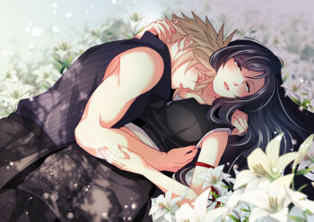1boy 1girl apron arm_ribbon babigonice bare_shoulders black_apron black_hair black_vest blonde_hair blurry blurry_background blurry_foreground blush boy_on_top closed_eyes cloud_strife commentary couple cowboy_shot cuddling english_commentary field final_fantasy final_fantasy_vii final_fantasy_vii:_advent_children flower flower_field hand_on_another&#039;s_head hug lily_(flower) lips long_hair looking_at_viewer lying lying_on_person on_back on_stomach parted_lips pink_lips red_eyes red_ribbon ribbed_shirt ribbon shirt sleeping sleeveless sleeveless_shirt spiked_hair tank_top tifa_lockhart vest waist_apron white_tank_top