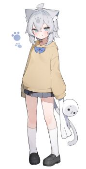 1girl absurdres ahoge akuto_(akuto_desu) animal_ear_fluff animal_ears black_shoes black_skirt blue_bow blue_bowtie blue_eyes blush bow bowtie cat_ears cat_girl cat_tail closed_mouth commentary crossed_bangs double-parted_bangs full_body grey_hair hair_between_eyes highres holding holding_stuffed_toy hood hood_down hoodie kneehighs long_sleeves looking_at_viewer miniskirt original paw_print pleated_skirt school_uniform shoes short_hair simple_background skirt sleeves_past_fingers sleeves_past_wrists smile socks solo standing stuffed_animal stuffed_toy tail thick_eyebrows white_background white_socks yellow_hoodie