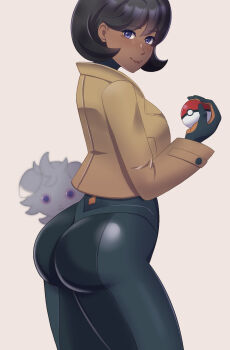 Rule 34 | 1girl, ass, birb (flightless birb), black hair, bodysuit, cropped, dark-skinned female, dark skin, emma (pokemon), espurr, gen 6 pokemon, gloves, jacket, long sleeves, looking back, nintendo, poke ball, pokemon, pokemon legends: z-a, purple eyes, short hair