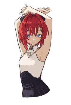 Rule 34 | 1girl, ange katrina, ange katrina (1st costume), armpits, arms up, blue eyes, blush, breasts, commentary request, hair between eyes, hair intakes, highres, looking at viewer, nijisanji, red hair, ryoha kosako, short hair, simple background, small breasts, solo, virtual youtuber, white background