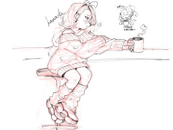 1girl alternate_costume chair coffee coffee_mug commentary_request cup earrings hanada_(cobalt003) highres holding holding_cup jewelry leg_warmers looking_at_viewer medium_hair mug musical_note_earrings on_chair ponytail shoes solo sunna_(zenless_zone_zero) sweater white_background zenless_zone_zero