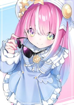 Rule 34 | 1girl, beret, blue hair, blue jacket, brooch, buttons, cable knit, commentary request, double-breasted, frilled sailor collar, frilled skirt, frilled sleeves, frills, green eyes, hat, heterochromia, highres, himemori luna, himemori luna (7th costume), hiyashinssu, holding, holding removed eyewear, hololive, jacket, jewelry, long hair, long sleeves, multicolored hair, pink hair, pink nails, purple eyes, sailor collar, skirt, streaked hair, unworn eyewear, virtual youtuber, white hat, white sailor collar, white streaks