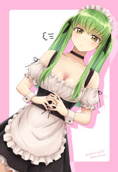 1girl puff_of_air alternate_costume black_choker blush breasts c.c. choker cleavage code_geass collarbone dated dress dutch_angle enmaided fingernails frilled_dress frills green_hair highres looking_at_viewer maid medium_breasts nail_polish off-shoulder_dress off_shoulder own_hands_together setu_kurokawa sidelocks simple_background solo twintails twitter_username wrist_cuffs