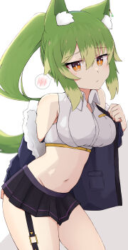 1girl absurdres animal_ear_fluff animal_ears bare_shoulders black_skirt blue_jacket collared_shirt commentary_request dress_shirt floating_hair fur-trimmed_jacket fur_trim green_hair grey_background groin hair_between_eyes highres jacket long_hair multicolored_hair navel nyaha off_shoulder open_clothes open_jacket orange_eyes original pleated_skirt ponytail shirt skirt solo spoken_blush streaked_hair two-tone_background very_long_hair white_background white_shirt