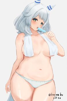 Rule 34 | 1girl, absurdres, alternate costume, animal ears, blush, breasts, brown eyes, cleavage, commentary request, covering breasts, covering privates, cowboy shot, dated, ear covers, ear ornament, food, grey hair, highres, hishi miracle (umamusume), honoaka, horse ears, horse girl, horse tail, large breasts, looking at viewer, medium hair, navel, open mouth, plump, popsicle, simple background, solo, standing, stomach, tail, towel, towel around neck, twitter username, umamusume, white background